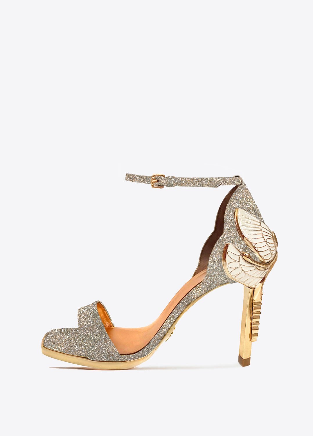 AURORA SANDALS - FEMMES SANS PEUR - Champagne glitter leather high heel sandals with Swarovski crystals.