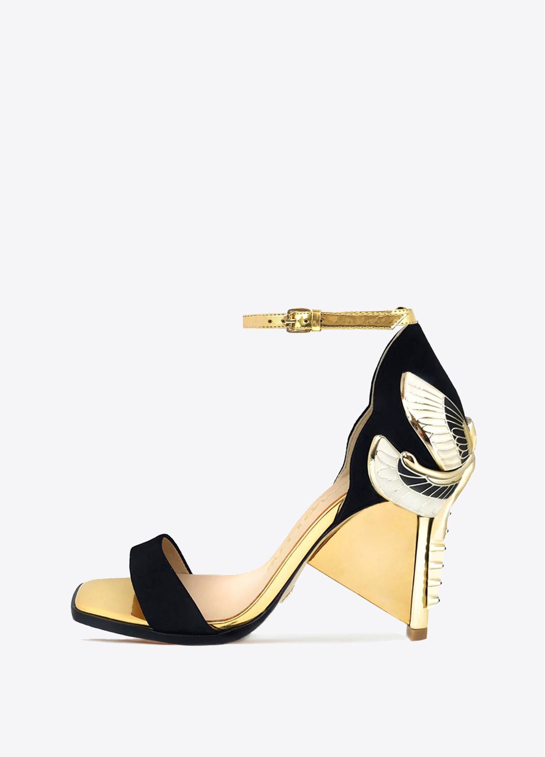 AURORA SANDALS - FEMMES SANS PEUR - Black Kid Suede and Gold Mirror leather high heel sandals with Swarovski crystals