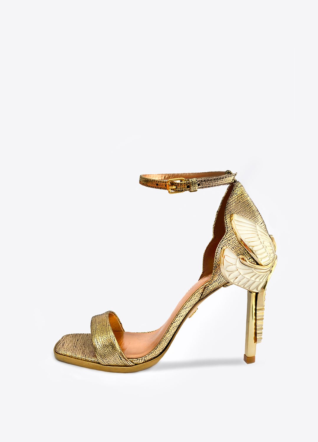 AURORA SANDALS - FEMMES SANS PEUR - Dark Gold lizard effect high heel leather sandals with Swarovski crystals.