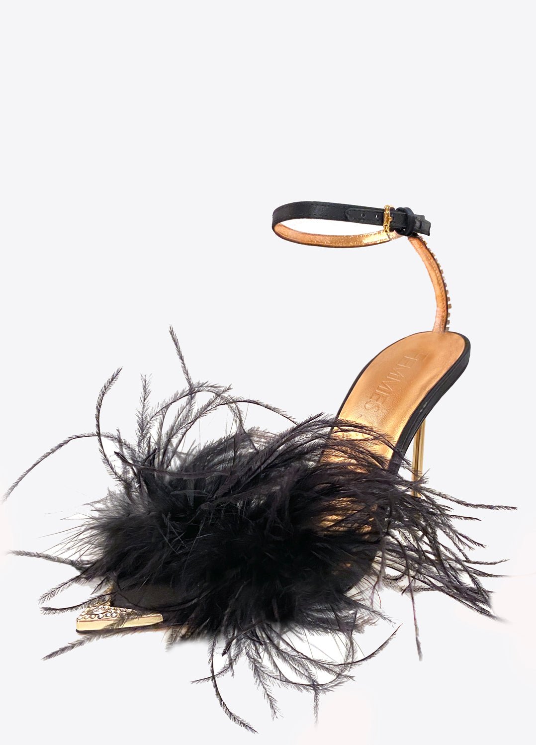 DAKOTA - FEMMES SANS PEUR - Black satin and ostrich feather sandals with Swarovski crystals
