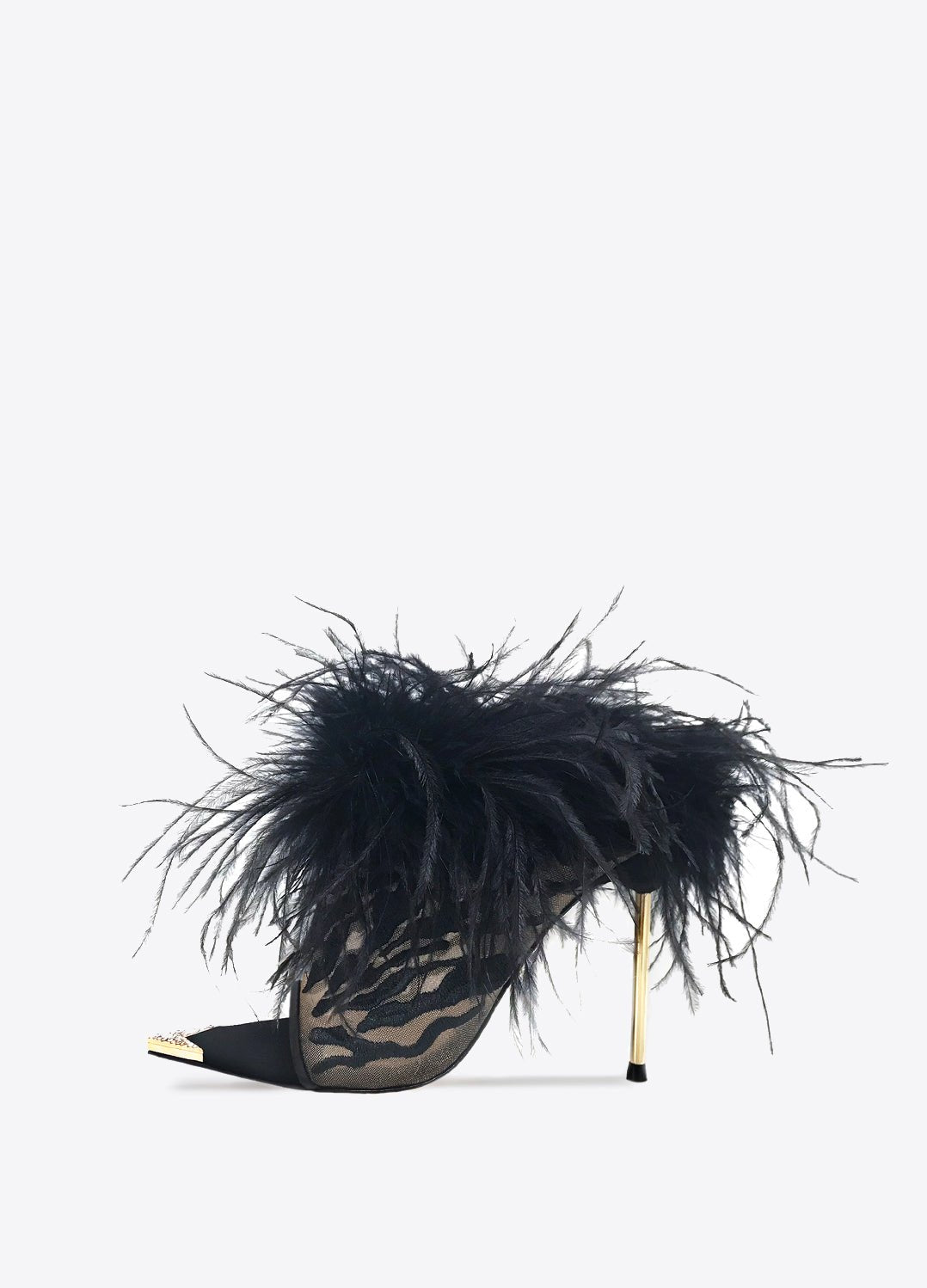 DONNA - FEMMES SANS PEUR - Sheer mesh and Black ostrich feather high heel mules with Swarovski crystals