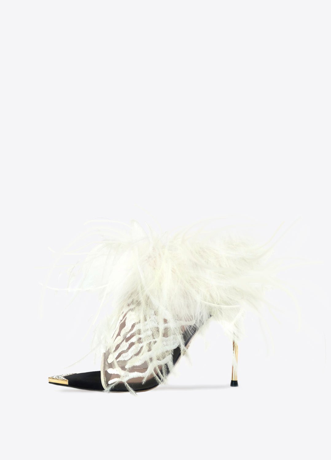 DONNA - FEMMES SANS PEUR - Sheer mesh and ivory ostrich feather high heel mules with Swarovski crystals